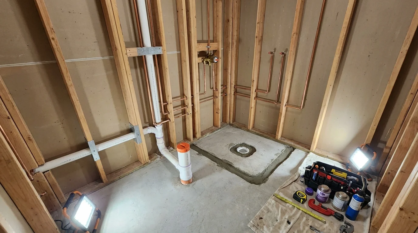 Bathroom rough-in plumbing during remodel by Johns Plumbing LLC in Lake Villa