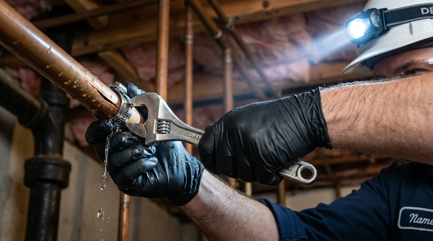 Emergency pipe clamp repair being performed by a Johns Plumbing LLC plumber in Lake Villa