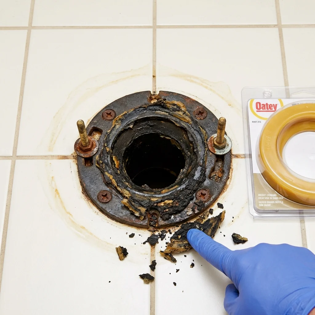 Failed wax ring showing water seepage at the base of a toilet in a Lake Villa, IL home