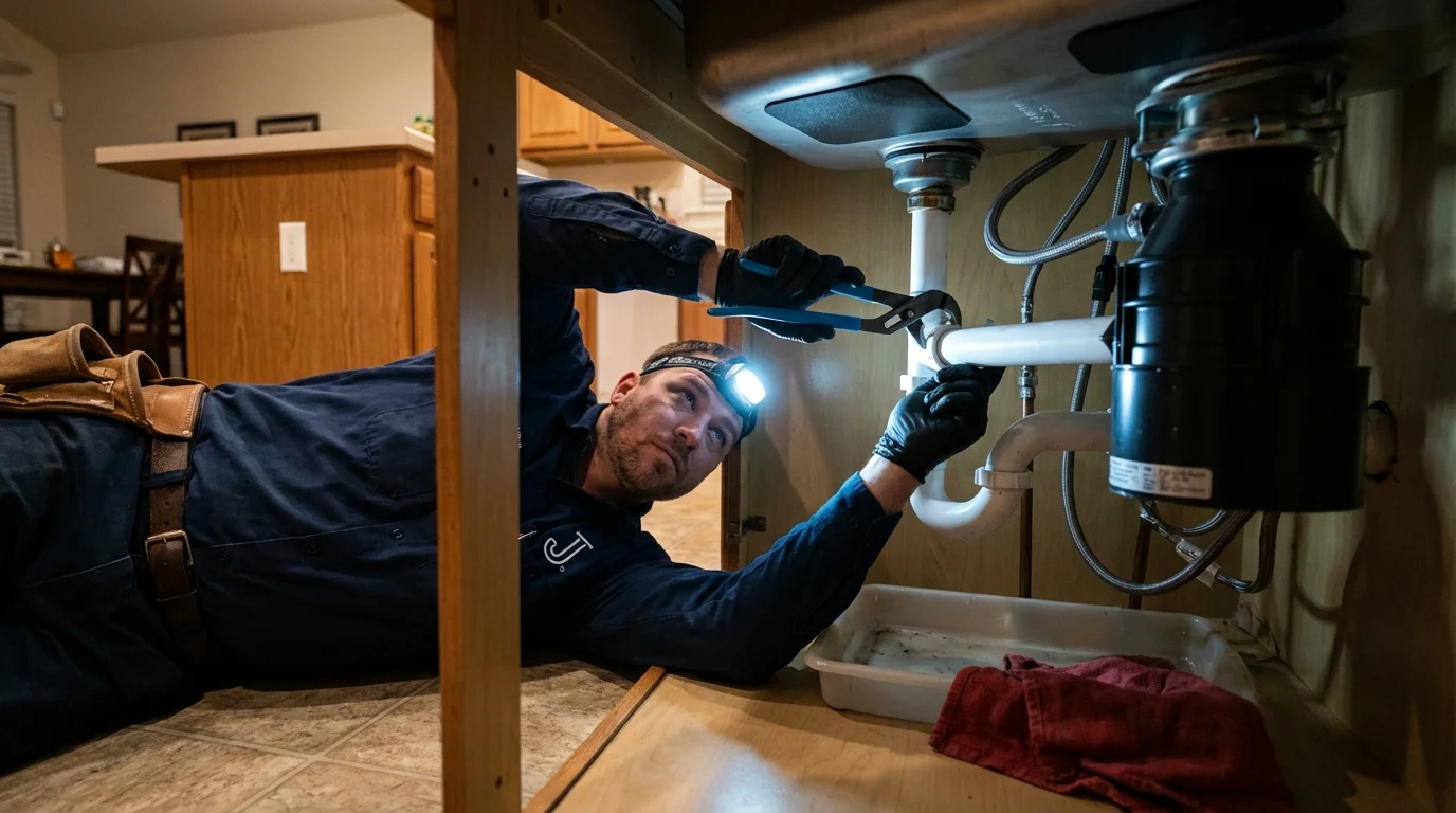 P-trap and supply line connections under a kitchen sink showing a common leak point in Lake Villa, IL